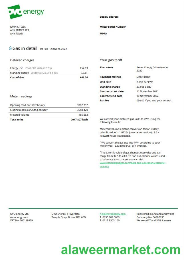 United Kingdom Ovo Energy utility bill, Word and PDF template